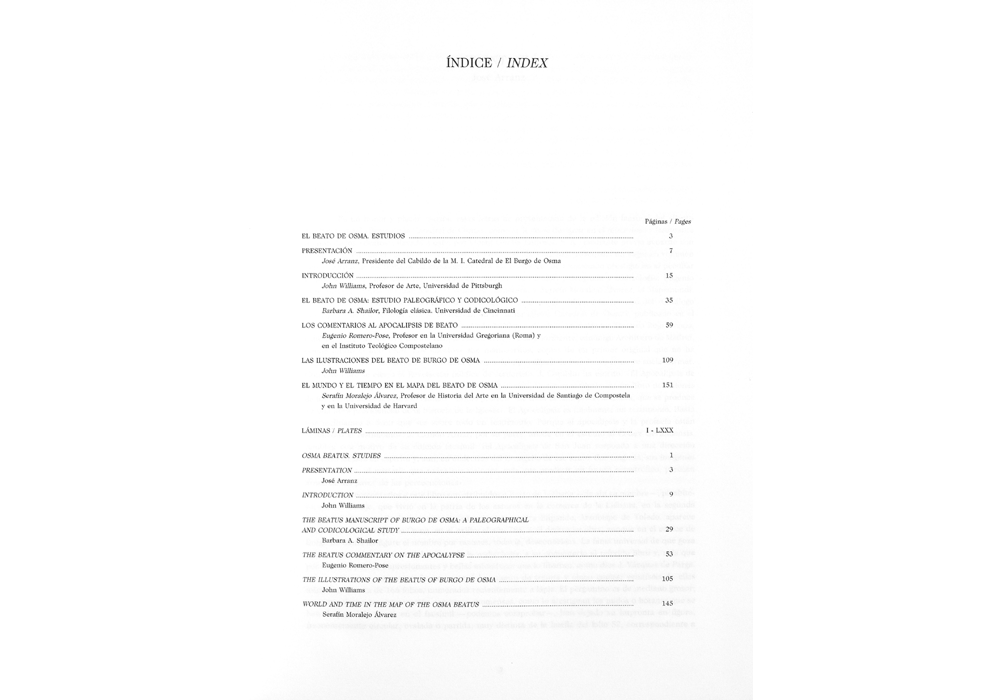 Beato de Liébana-Apocalipsis san Juan-Burgo Osma-manuscrito iluminado códice-libro facsímil-Vicent García Editores-14 índice de estudio.